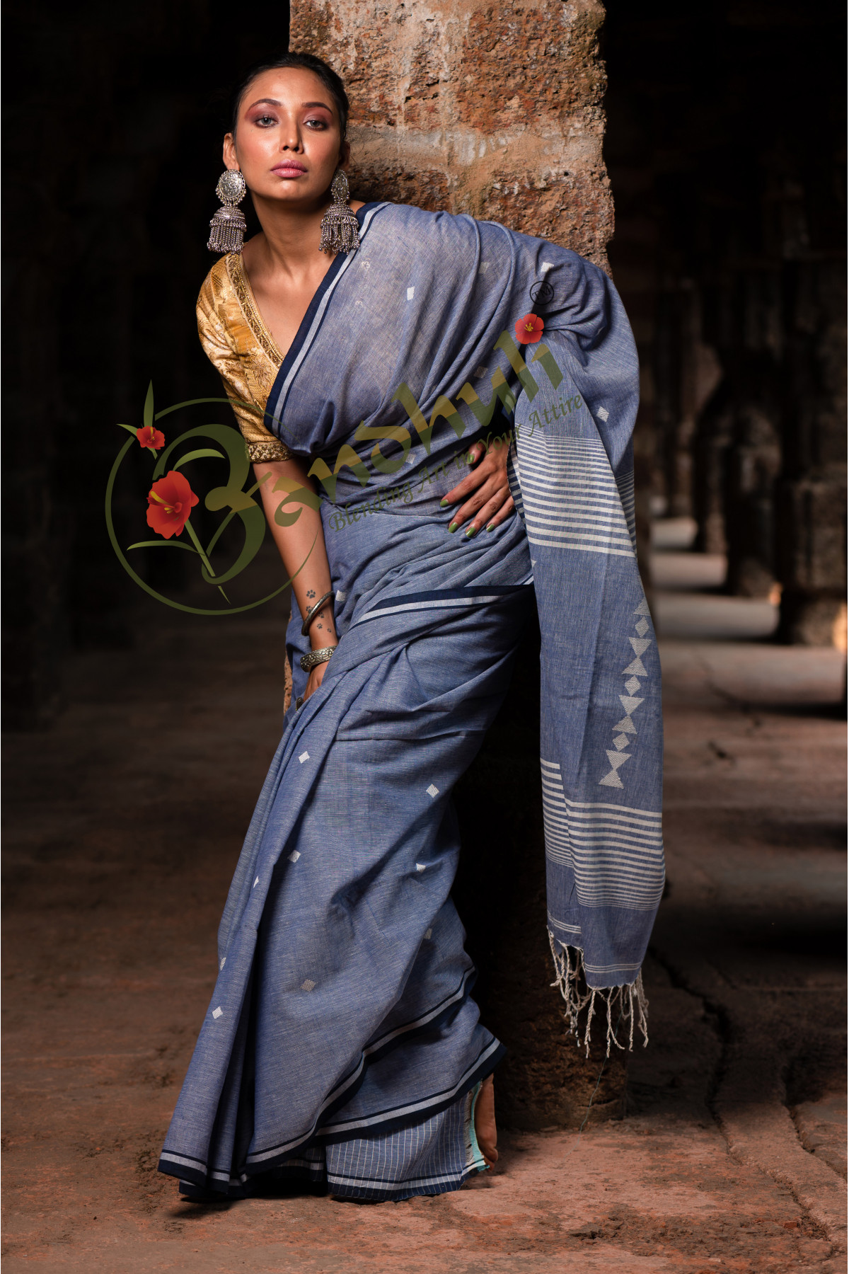 Denim Blue color Hand Spun Cotton Saree